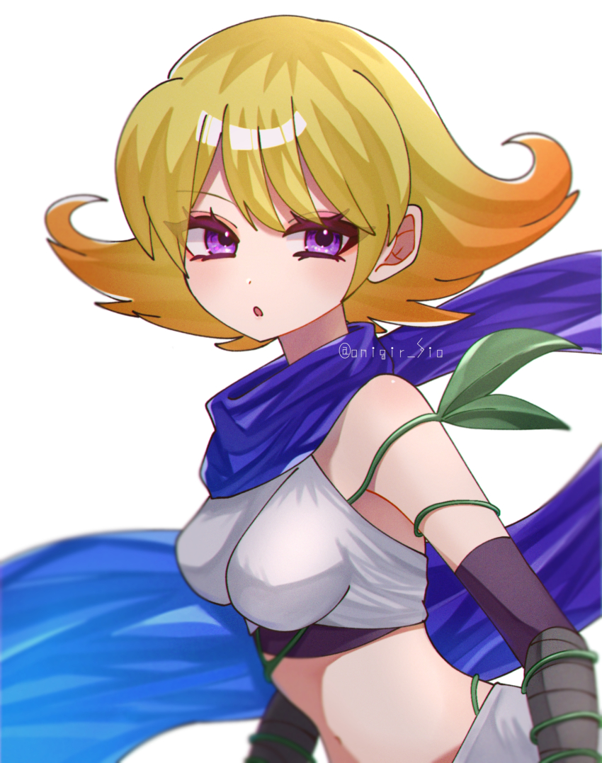 1girl, absurdres, blue_scarf, breasts, highres, kid_icarus, kid_icarus_uprising, looking_at_viewer, midriff, multicolored_hair, navel, nintendo, onigiri_(onigir_sio), orange_hair, parted_lips, phosphora, plant, purple_eyes, scarf, simple_background, two-tone_hair, vines, white_background