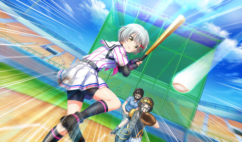 3girls, asahina_iroha, ball, baseball, baseball_(object), baseball_bat, baseball_glove, baseball_stadium