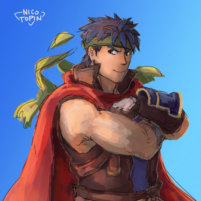 1boy, absurdres, artist_name, blue_background, blue_eyes, blue_hair, cape, commentary, crossed_arms, english_commentary, fire_emblem, fire_emblem:_radiant_dawn, green_headband, headband, highres, ike_(fire_emblem), male_focus, nicotopin, nintendo, red_cape, short_hair, smile, solo, super_smash_bros., upper_body