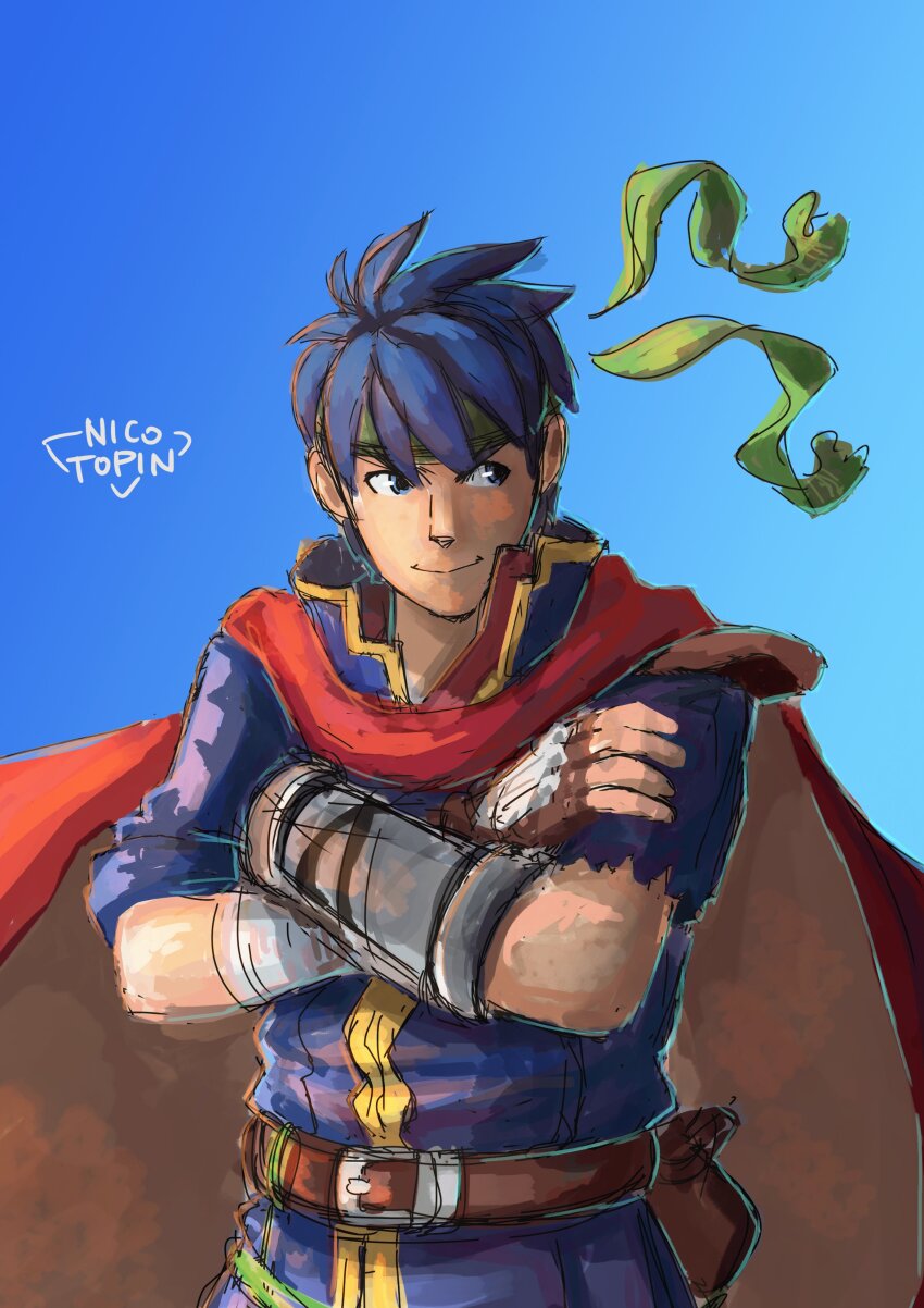 1boy, absurdres, artist_name, belt, blue_background, blue_eyes, blue_hair, brown_belt, cape, commentary, crossed_arms, english_commentary, fingerless_gloves, fire_emblem, fire_emblem:_path_of_radiance, gloves, green_headband, headband, highres, ike_(fire_emblem), male_focus, nicotopin, nintendo, red_cape, short_hair, sleeve_rolled_up, smile, solo, super_smash_bros., torn_sleeve, two-sided_cape, two-sided_fabric