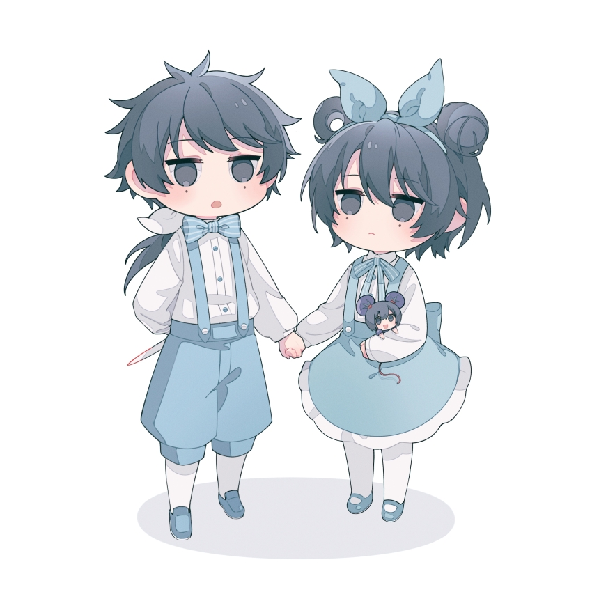 1boy, 2girls, absurdres, back_bow, blue_bow, blue_bowtie, blue_hairband, blue_pants