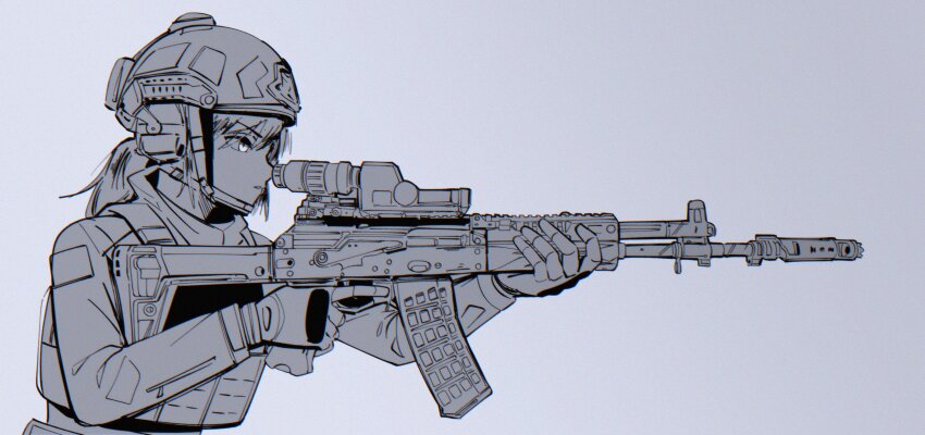 1girl, absurdres, ak-12, assault_rifle, bulletproof_vest, combat_helmet, earmuffs, gloves
