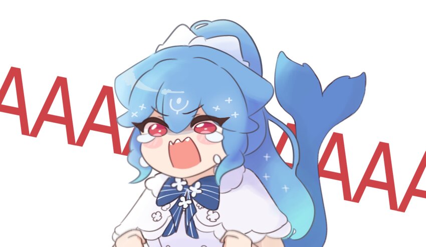 1girl, bao_the_whale, blue_bow, blue_hair, blush_stickers, bow, capelet, cetacean_tail