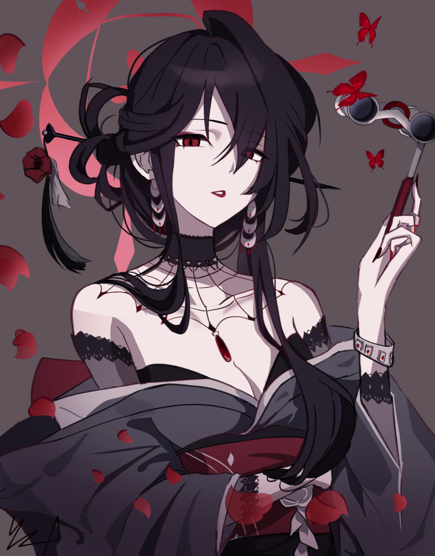 1girl, black_hair, blue_archive, eyeliner, goth_fashion, grey_kimono, hair_ornament, hair_stick, halo, highres, japanese_clothes, kimono, kokuriko_(blue_archive), makeup, opera_glasses, red_eyeliner, red_eyes, red_halo, red_lips, ryu_to_kagune, sash, solo, spider_web_pattern, upper_body