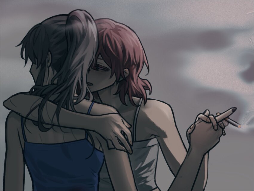 2girls, ari_(class_of_09), black_hair, bugs_bug_me, camisole, cigarette, class_of_09, half-closed_eyes