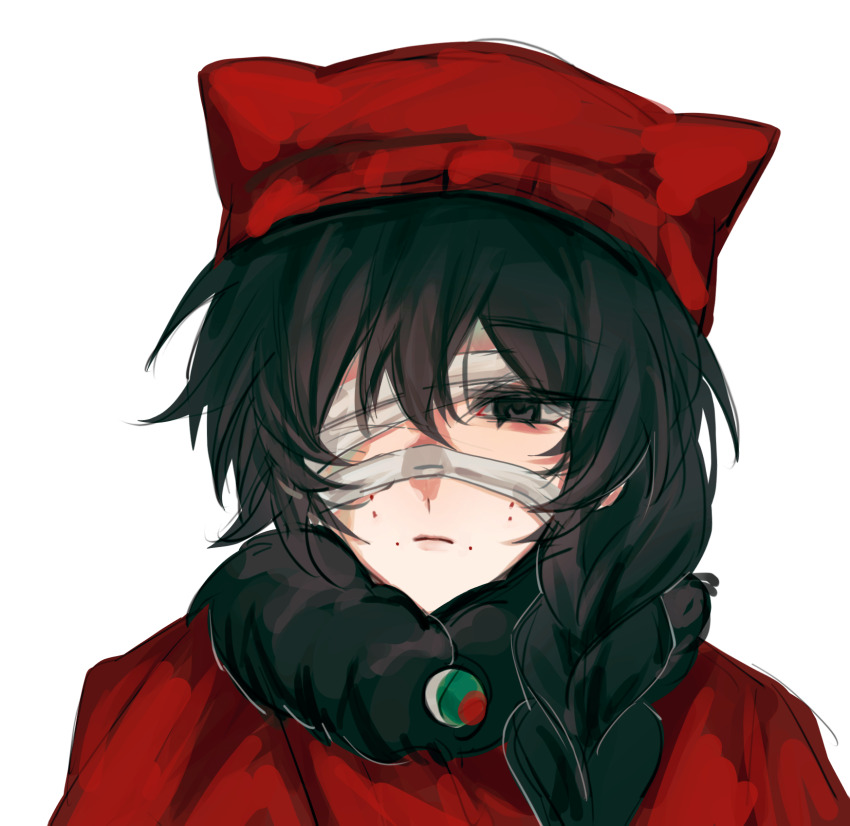 1girl, bandage_over_one_eye, black_eyes, black_hair, braid, buxiang_hua_suxie!, closed_mouth, commentary