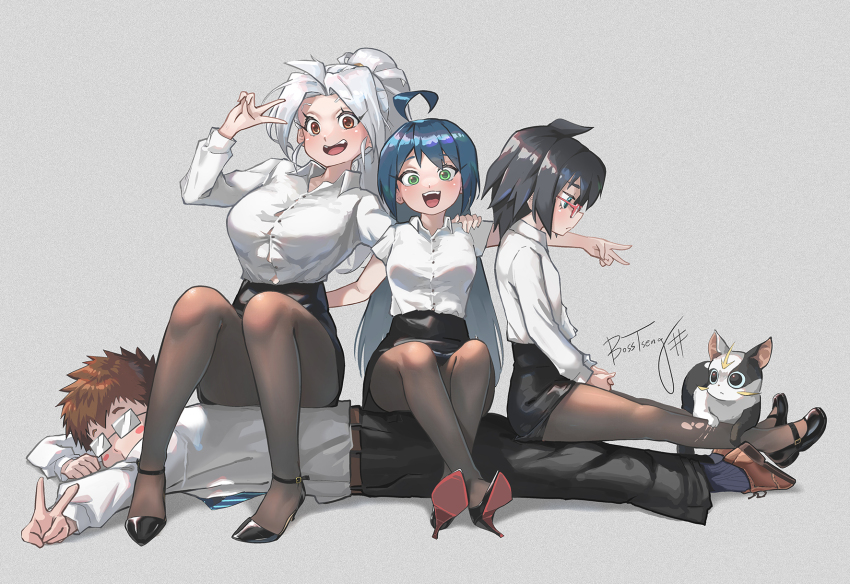 1boy, 3girls, aqua_eyes, black_hair, blue_hair, blue_necktie, blush_stickers, bosstseng