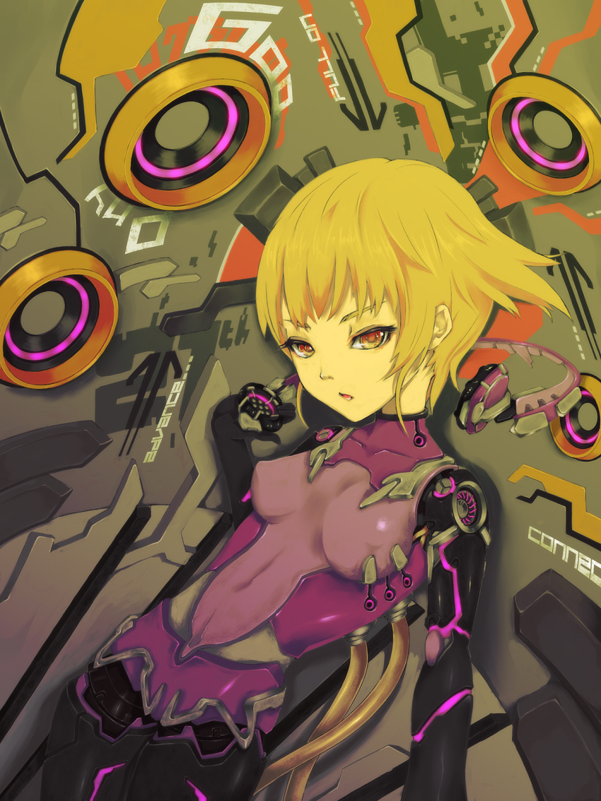 1girl, bad_id, bad_pixiv_id, blonde_hair, cyborg, female_focus, headphones, highres