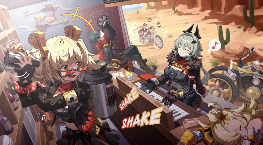 1boy, 4girls, :d, absurdres, black_jacket, blonde_hair, burnice_white, cactus