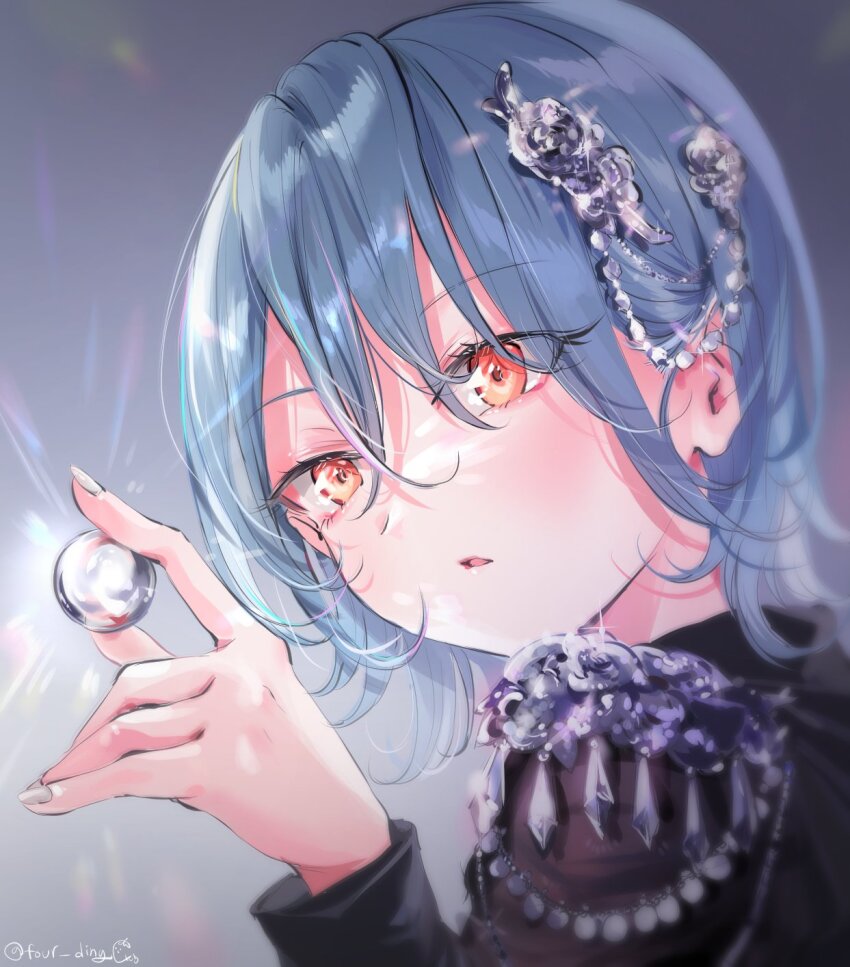 1girl, 4ding, ball, black_dress, blue_hair, blush, commentary, commentary_typo, crystal_ball, dress, epaulettes, eyes_visible_through_hair, glass_ball_rejection, gradient_background, grey_background, hair_between_eyes, hair_ornament, highres, holding, holding_ball, long_sleeves, love_live!, love_live!_superstar!!, official_alternate_costume, orange_eyes, portrait, short_hair, solo, twitter_username, wakana_shiki