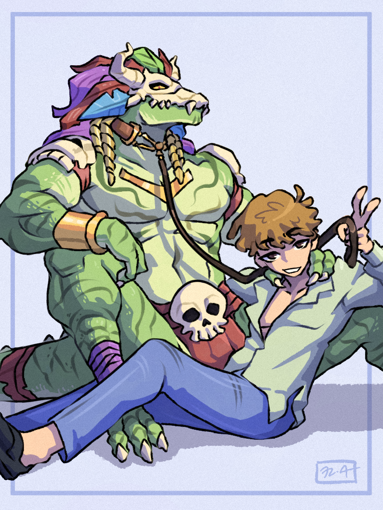 2boys, artagoneztic, blue_background, brown_eyes, brown_hair, colored_skin, green_skin, grin