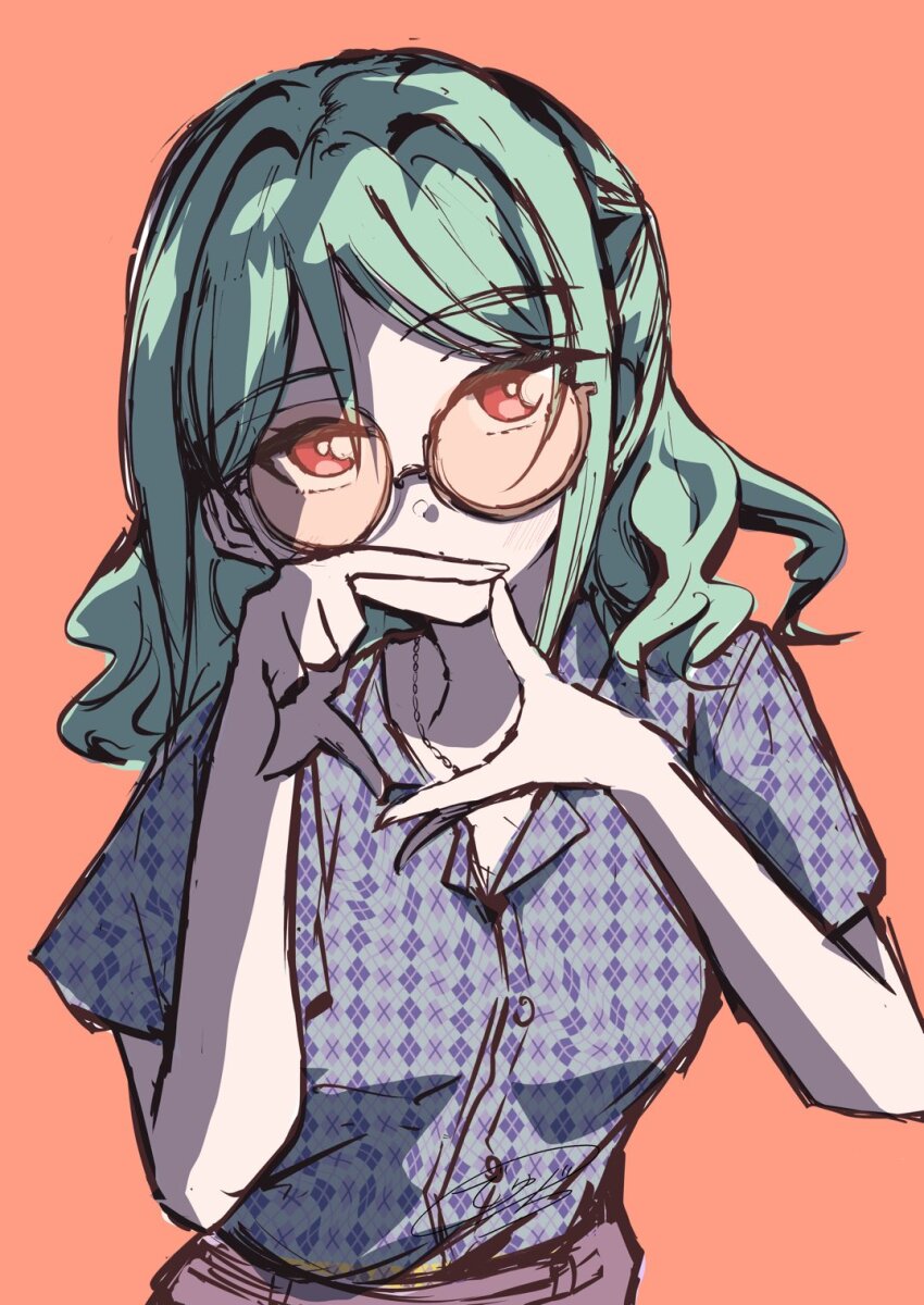 1girl, aqua_hair, argyle_clothes, argyle_shirt, blue_shirt, breasts, brown-framed_eyewear, collared_shirt