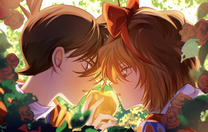 1boy, 1girl, alternate_costume, apple, black_hair, blue_eyes, brown_hair, commentary_request