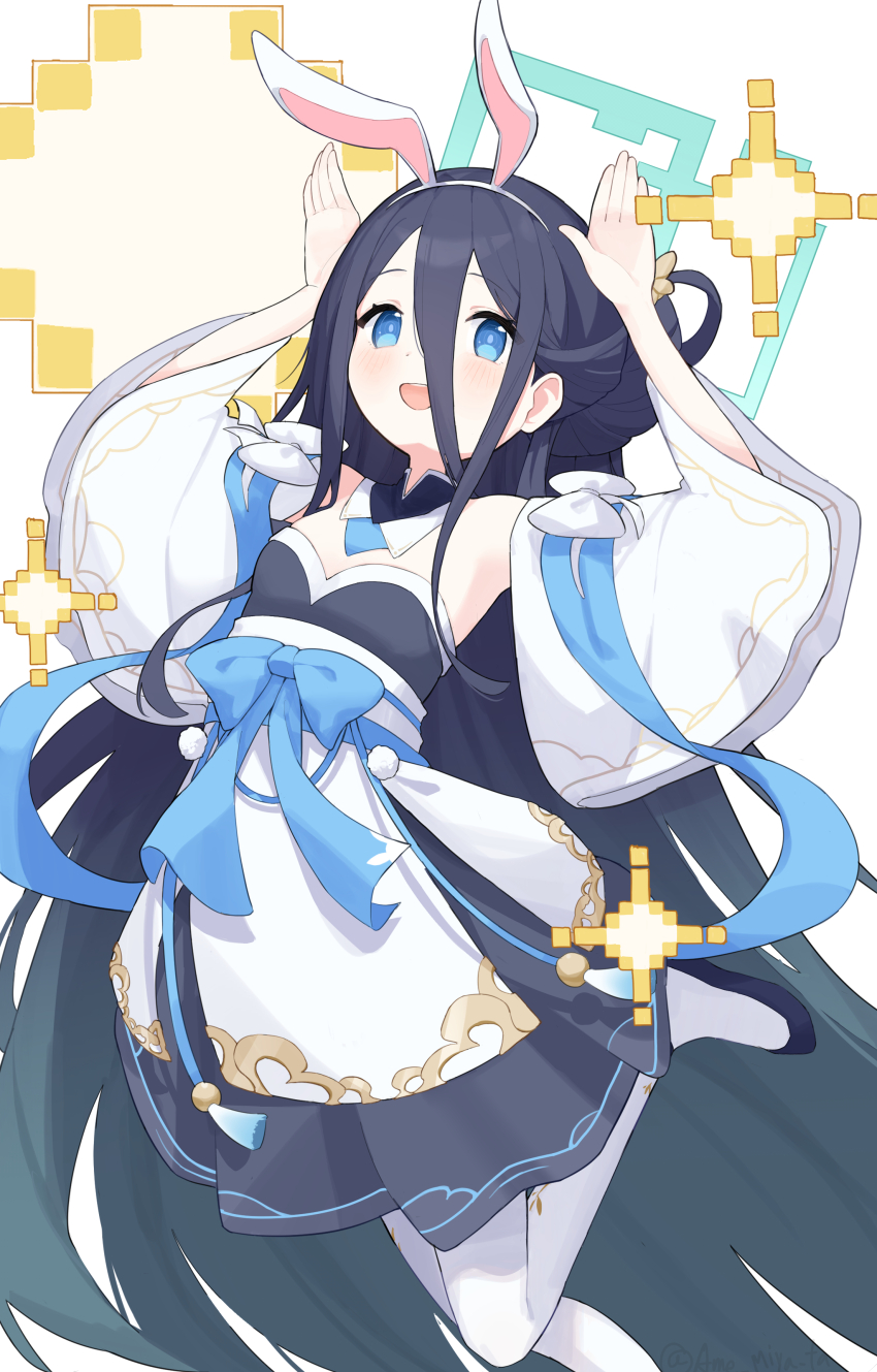 1girl, absurdly_long_hair, absurdres, alternate_costume, ame_miya_ta, animal_ears, aqua_halo, aris_(blue_archive), aris_(moon_rabbit)_(blue_archive), black_hair, black_shoes, blue_archive, blue_eyes, cilan_(pokemon), detached_sleeves, fake_animal_ears, flat_chest, hair_between_eyes, halo, hands_up, highres, long_hair, looking_at_viewer, obi, open_mouth, pantyhose, rabbit_ears, sash, shoes, solo, standing, standing_on_one_leg, teeth, upper_teeth_only, very_long_hair, white_pantyhose