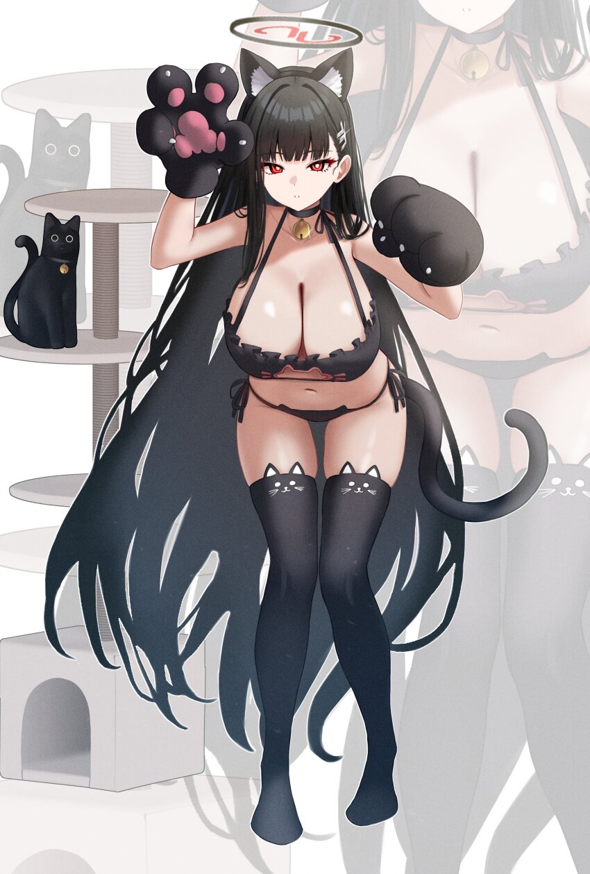 1girl, absurdres, alternate_costume, animal_ears, animal_hands, arched_back, bare_shoulders, bell, black_bra, black_cat, black_halo, black_panties, black_thighhighs, blue_archive, bra, breasts, cat, cat_ear_panties, cat_ears, cat_house, cat_lingerie, cat_tail, full_body, gloves, hair_ornament, halo, hanging_breasts, highres, hime_cut, huge_breasts, long_hair, mizikayo, navel, neck_bell, no_shoes, panties, paw_gloves, red_eyes, rio_(blue_archive), stomach, tail, thighhighs, thighs, underwear, very_long_hair, white_background, zoom_layer