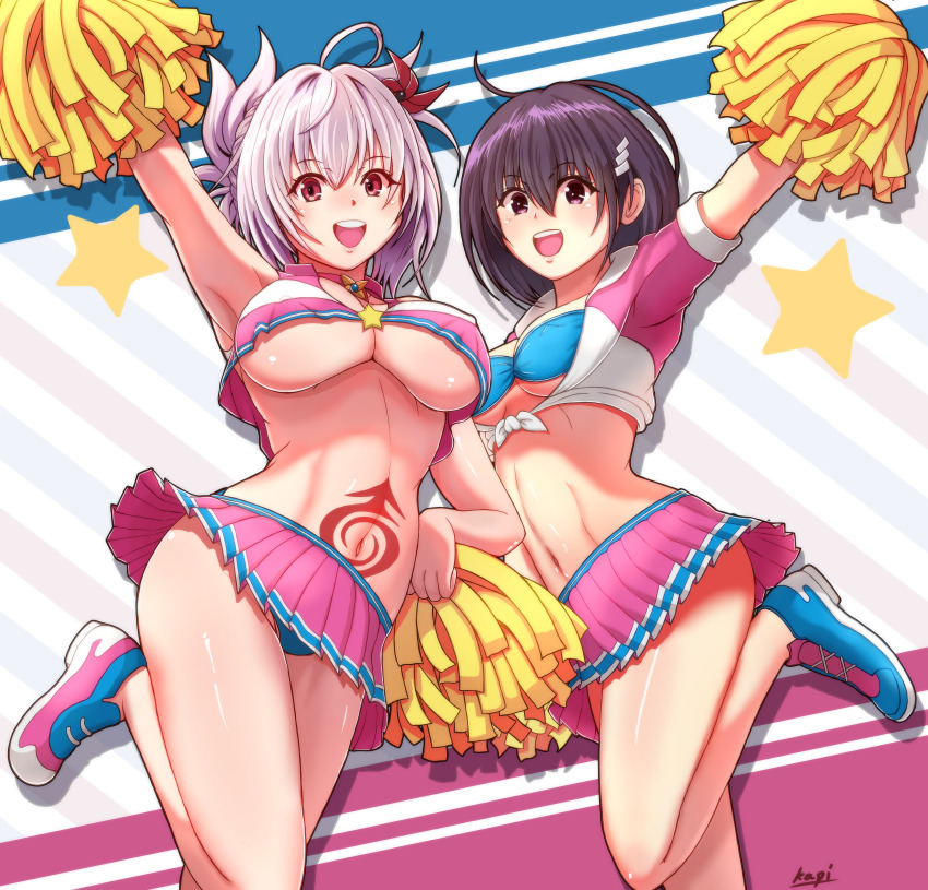 2girls, absurdres, ayakashi_triangle, big_kapipara, breasts, cheerleader, crossed_bangs, genderswap