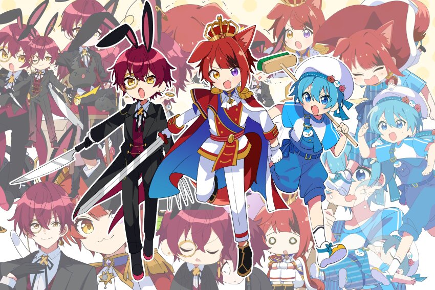 3boys, absurdres, amptakxcolors, animal_ears, arched_crown, black_footwear, black_jacket, black_pants, black_ribbon, blue_bow, blue_eyes, blue_hair, blue_overalls, bow, broom, cape, collared_shirt, commentary_request, crown, dog_ears, dot_nose, footwear_bow, full_body, hair_between_eyes, hat, headwear_request, heterochromia, highres, holding, holding_broom, holding_sword, holding_weapon, hutaba_haru, jacket, kemonomimi_mode, knight_a, light_blush, looking_at_viewer, male_focus, military_uniform, multiple_boys, multiple_views, open_mouth, overalls, pants, purple_eyes, rabbit_boy, rabbit_ears, red_cape, red_hair, ribbon, rinu_(stpri), shirt, shoes, short_hair, socks, standing, strawberry_prince, sword, tigusakun_(amptakxcolors), one_ear_down, utaite, v-shaped_eyebrows, vau_(utaite), weapon, white_footwear, white_hat, white_pants, white_shirt, white_socks, yellow_eyes, zoom_layer