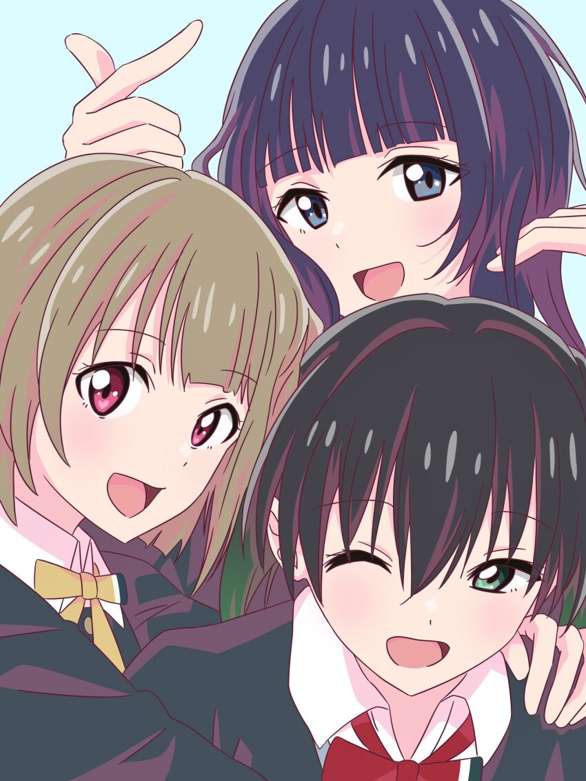 3girls, :d, ;d, asaka_karin, black_hair, black_jacket, blue_background, blue_eyes