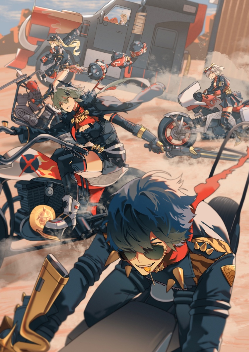 1boy, 4girls, blonde_hair, blue_hair, breasts, burnice_white, caesar_king_(zenless_zone_zero), candy, cleavage, cloud, commentary_request, day, food, hair_between_eyes, helmet, highres, jacket, lighter_(zenless_zone_zero), lollipop, long_hair, luciana_de_montefio, motor_vehicle, motorcycle, multiple_boys, multiple_girls, on_motorcycle, outdoors, piper_wheel, red_scarf, sand, scarf, sitting, skirt, sky, sriokorr, sunglasses, thighhighs, truck, zenless_zone_zero