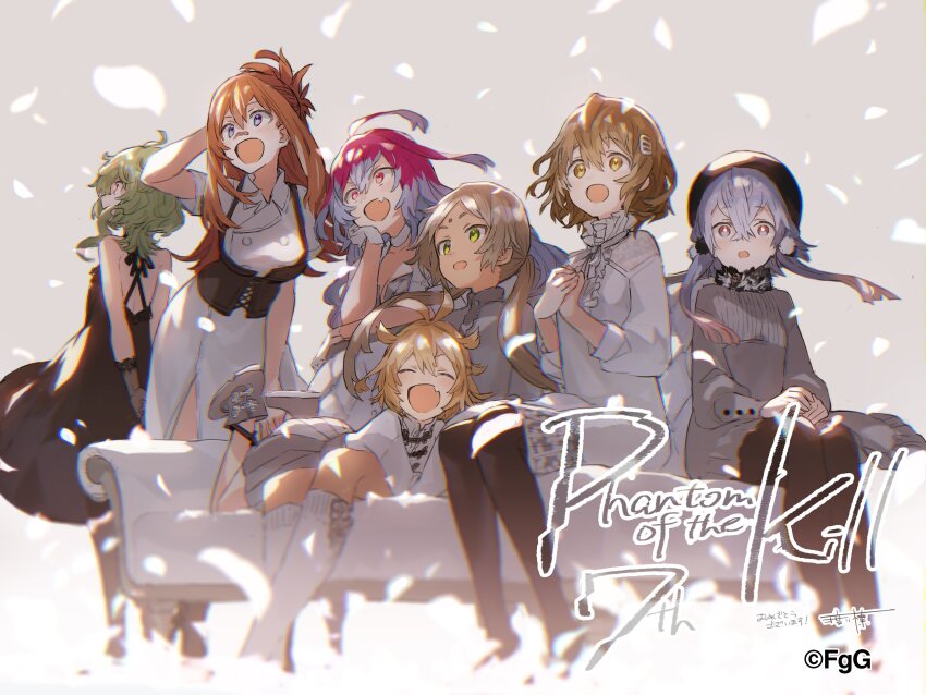 6+girls, :d, :o, absurdres, ahoge, black_dress, brown_hair, closed_eyes