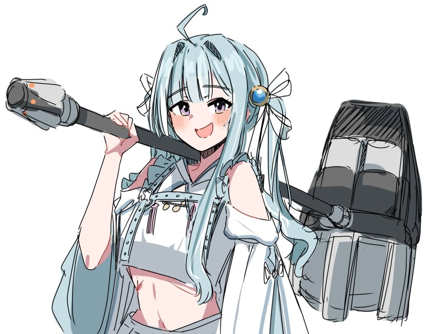 1girl, :d, ahoge, amaui, amaui_(2nd_costume), belt, blue_belt, blue_hair