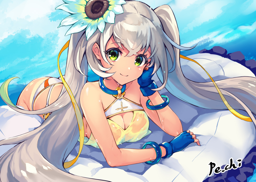 1girl, ancient_killers_(phantom_of_the_kill), artist_name, bikini, bikini_bottom_only, blue_gloves, bracelet, breasts