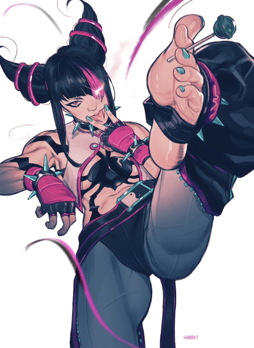 1girl, aqua_nails, artist_name, black_gloves, black_hair, black_panties, bracelet, candy, collar, cunnilingus_gesture, food, gloves, hair_horns, hair_over_one_eye, han_juri, highres, holding, holding_candy, holding_food, holding_lollipop, holding_with_feet, jewelry, jswayart, leggings, lollipop, looking_at_viewer, multicolored_hair, nail_polish, panties, panties_over_leggings, pink_eyes, pink_gloves, pink_streaks, simple_background, solo, spiked_bracelet, spiked_collar, spikes, stirrup_legwear, streaked_hair, street_fighter, street_fighter_6, toeless_legwear, toenail_polish, toenails, tongue, tongue_out, two-tone_gloves, underwear, v, white_background, white_leggings