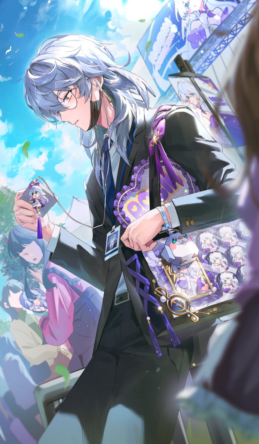 1boy, absurdres, against_railing, alternate_costume, badge, bag, belt, belt_buckle