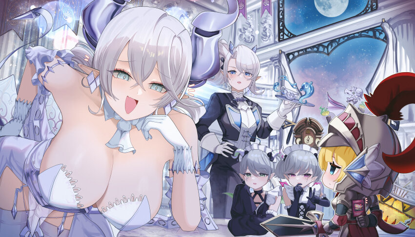 5girls, absurdres, arianna_the_labrynth_servant, ariane_the_labrynth_servant, arias_the_labrynth_butler, armor, blonde_hair, blue_eyes, breasts, butler, cleavage, crossdressing_(ftm), demon_girl, demon_horns, demon_wings, dress, duel_monster, female_butler, gimyogi, gloves, green_eyes, green_wings, grey_eyes, grey_hair, helmet, highres, holding, horns, knight, knight_(yu-gi-oh!), labrynth_chandraglier, labrynth_cooclock, labrynth_stovie_torbie, lady_labrynth_of_the_silver_castle, large_breasts, long_hair, lovely_labrynth_of_the_silver_castle, low_wings, maid, maid_headdress, monocle, multiple_girls, pink_eyes, pink_wings, pointy_ears, red_reboot, smile, tail, thighhighs, twintails, weapon, white_hair, white_horns, wings, yu-gi-oh!
