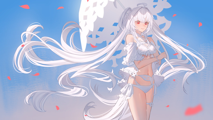 1girl, absurdres, ahoge, bare_shoulders, bikini, bracelet, breasts, cleavage