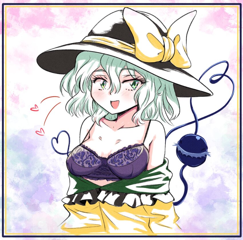 1girl, :d, black_bra, blush, bra, breasts, dr._addamelech, green_eyes