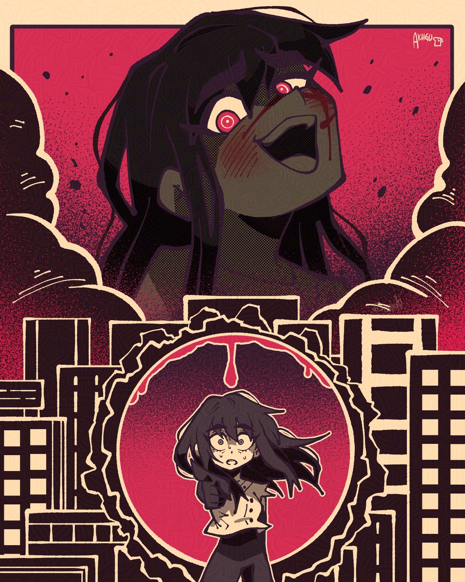 2girls, akaiguarts, artist_name, black_gloves, black_hair, blush, building, bullet_hole