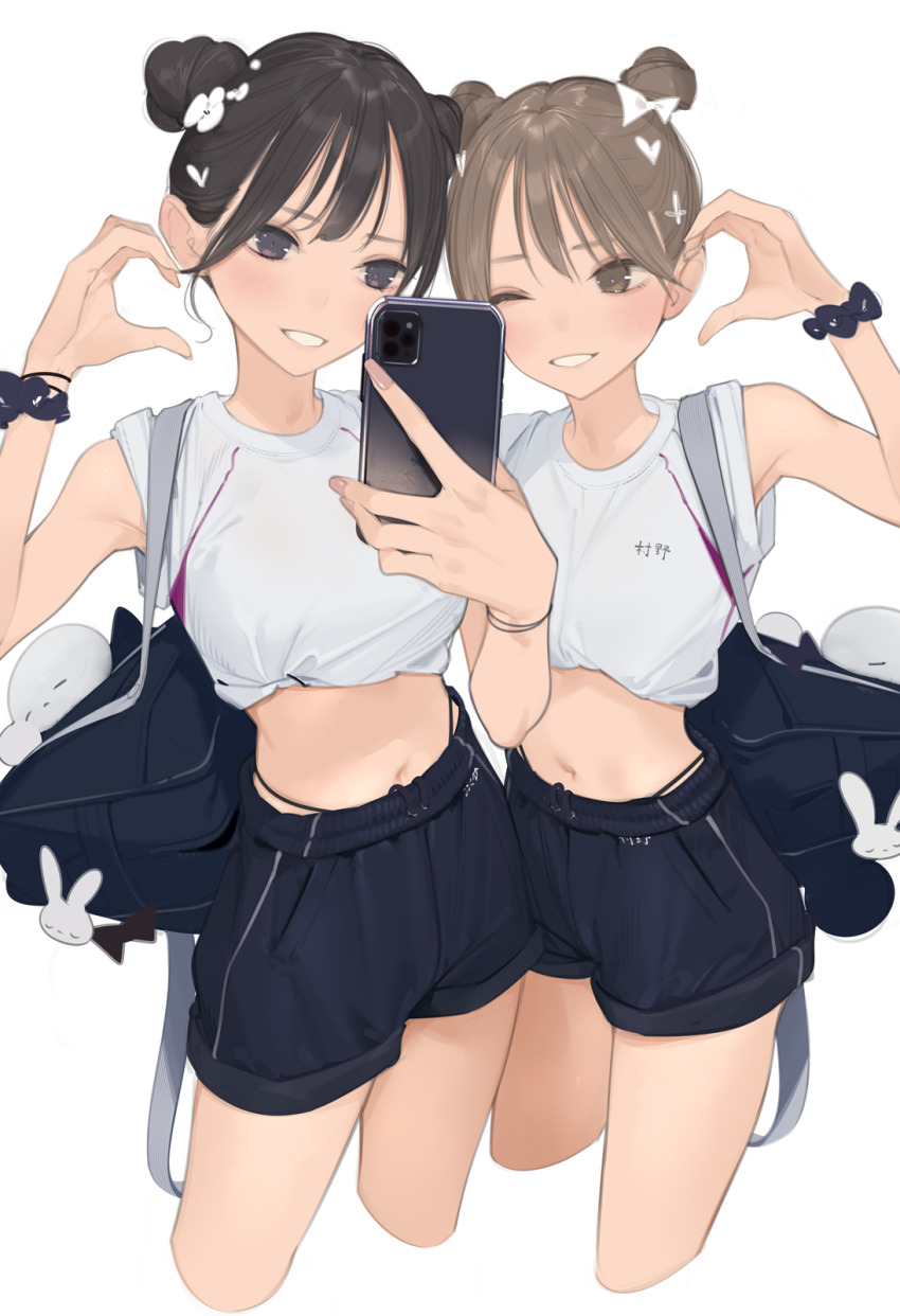 2girls, ama_mitsuki, bag, bag_charm, black_eyes, black_hair, blue_bag, blue_shorts