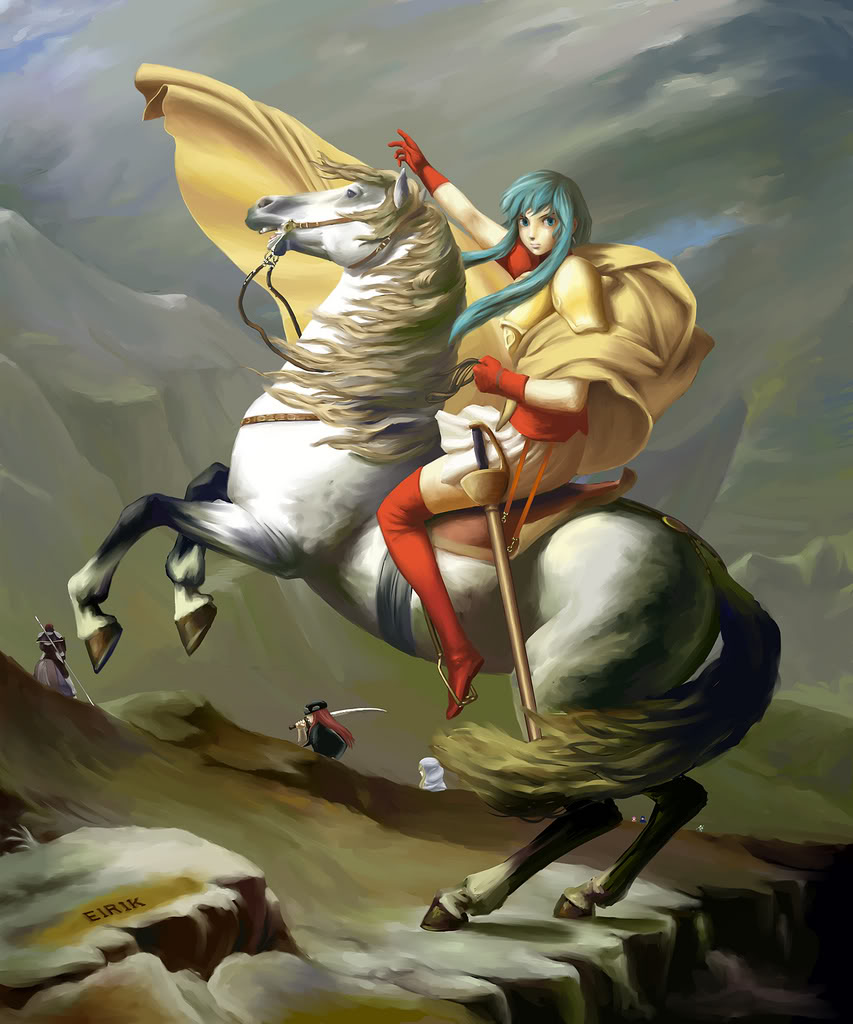 2boys, 2girls, aqua_hair, armor, blue_eyes, blue_hair, boots, cape, cleric, cloud, eirika_(fire_emblem), fine_art_parody, fire_emblem, fire_emblem:_the_sacred_stones, gloves, hat, horse, joshua_(fire_emblem), katana, knight, lance, long_hair, multiple_boys, multiple_girls, napoleon, napoleon_crossing_the_alps, natasha_(fire_emblem), nintendo, parody, pointing, polearm, prince, princess, riding, rock, serious, seth_(fire_emblem), short_hair, skirt, sword, thigh_boots, thighhighs, weapon