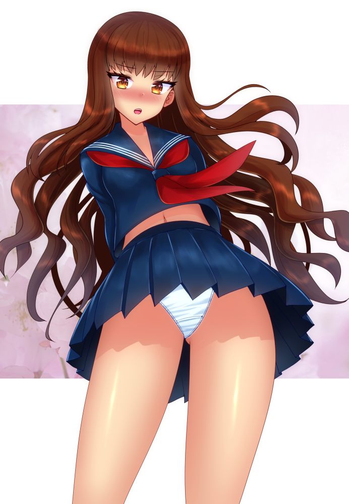 1girl, blue_shirt, blue_skirt, blush, breasts, brown_eyes, brown_hair, degudoga