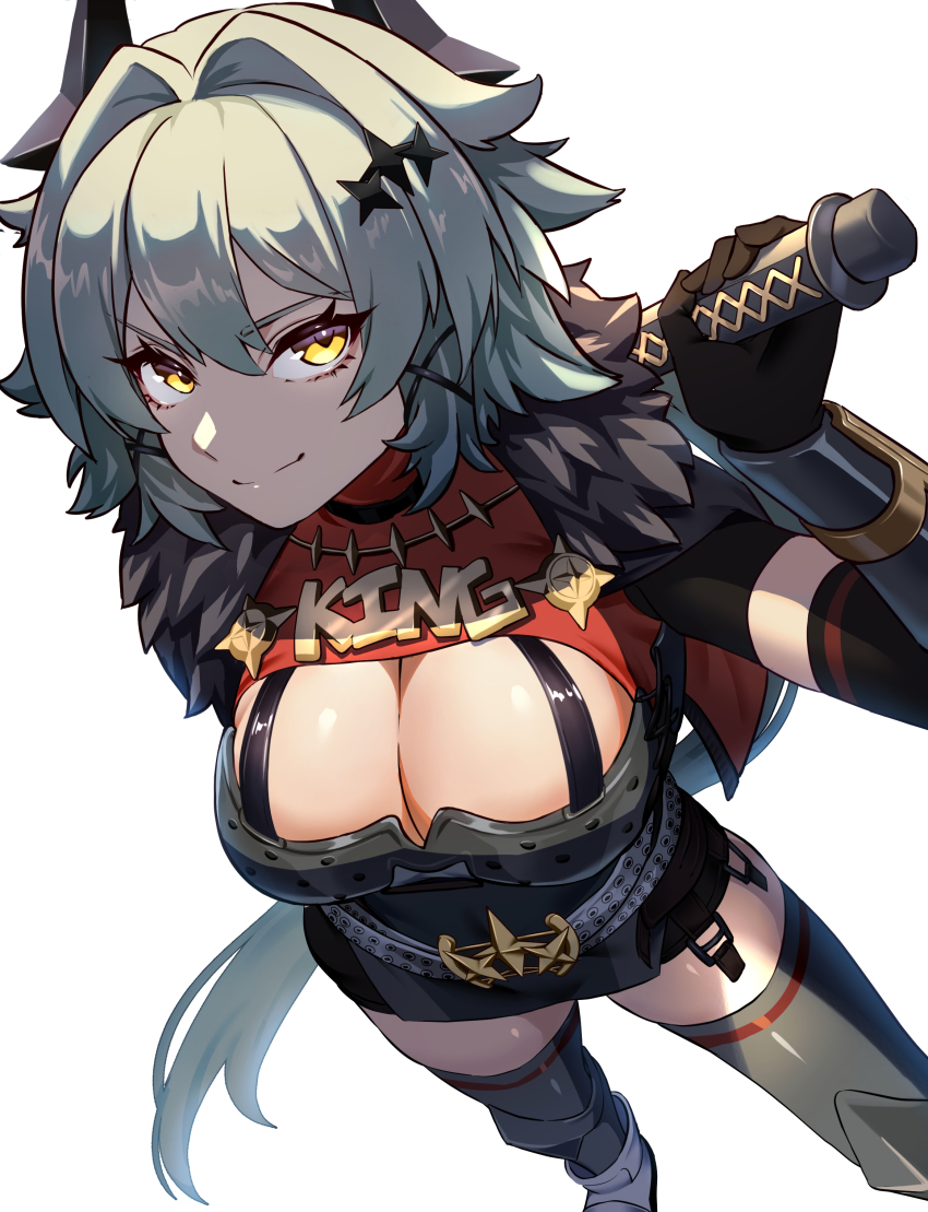 1girl, absurdres, black_gloves, black_skirt, black_thighhighs, breasts, caesar_king_(zenless_zone_zero), cleavage