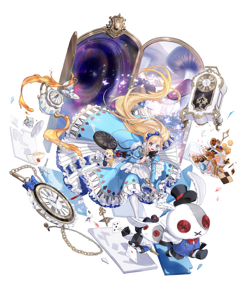 1girl, absurdres, alice_(alice_in_wonderland), alice's_adventures_in_wonderland, blonde_hair, blue_bow, blue_dress, bow