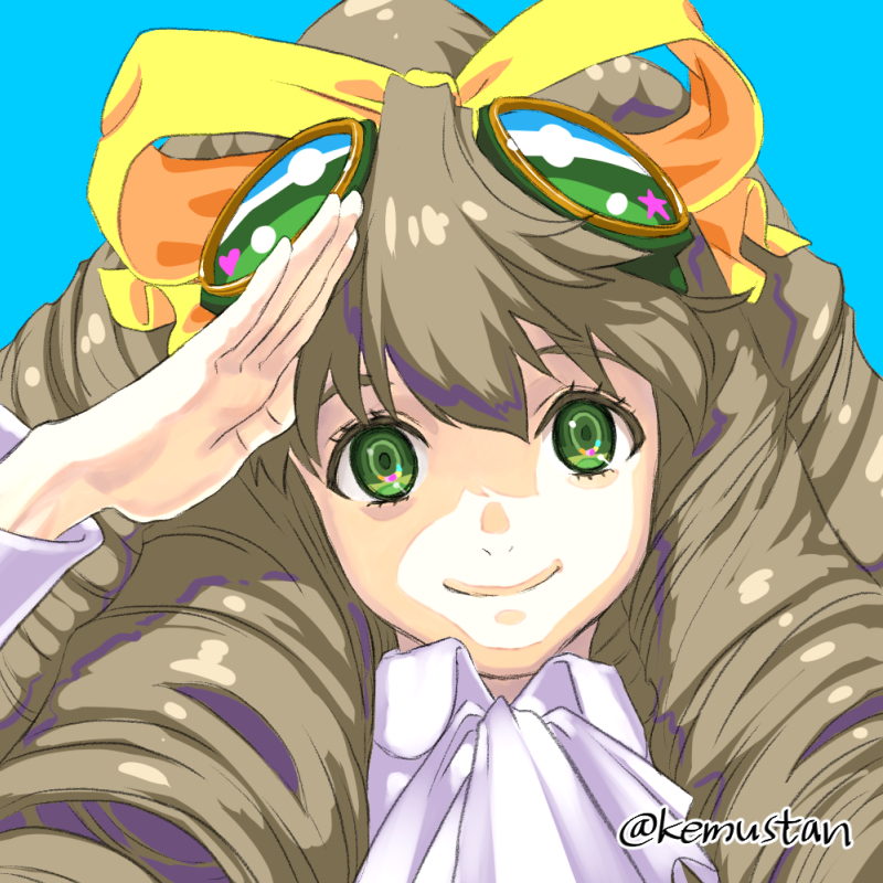 1girl, ascot, blue_background, close-up, closed_mouth, drill_hair, goggles, goggles_on_head