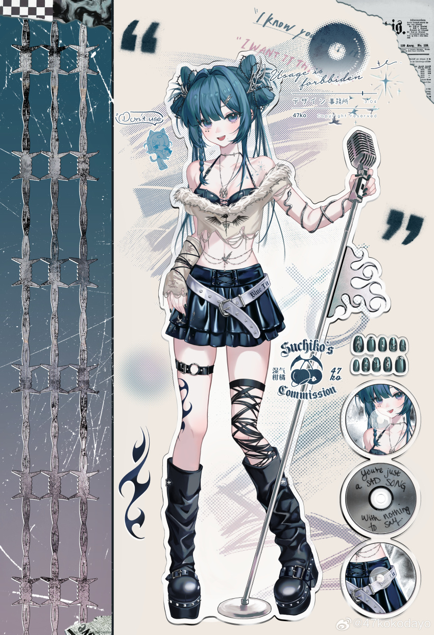 1girl, 47ko, :d, absurdres, arm_warmers, bare_shoulders, belt, black_boots