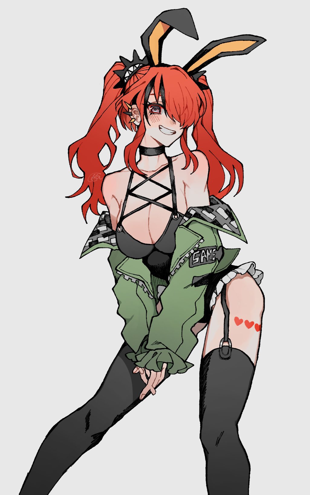 1girl, black_leotard, black_thighhighs, breasts, cella8up, cleavage, garter_belt, green_jacket