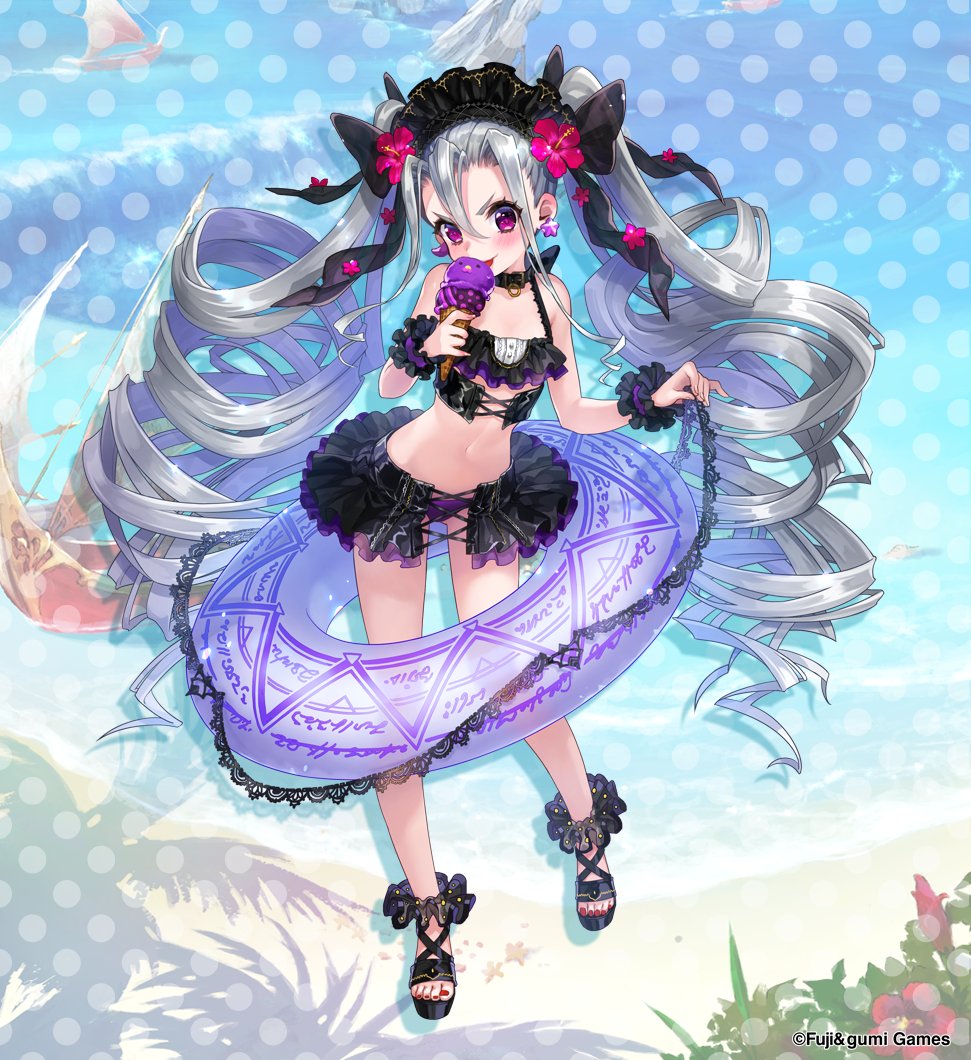 1girl, black_sandals, black_scrunchie, breasts, choker, commentary_request, company_name, drill_hair, flower, food, full_body, grey_hair, grimoire_(phantom_of_the_kill), hair_between_eyes, hair_flower, hair_ornament, ice_cream, innertube, loli, long_hair, looking_at_viewer, no_socks, official_alternate_costume, official_art, phantom_of_the_kill, platform_sandals, red_flower, sandals, scrunchie, second-party_source, small_breasts, solo, standing, swim_ring, swimsuit, twin_drills, very_long_hair, yamori_(gumi)