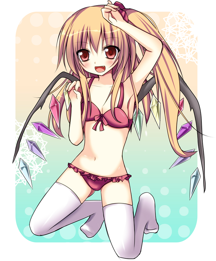 1girl, bad_id, bad_pixiv_id, bikini, blonde_hair, blush, embodiment_of_scarlet_devil, fang