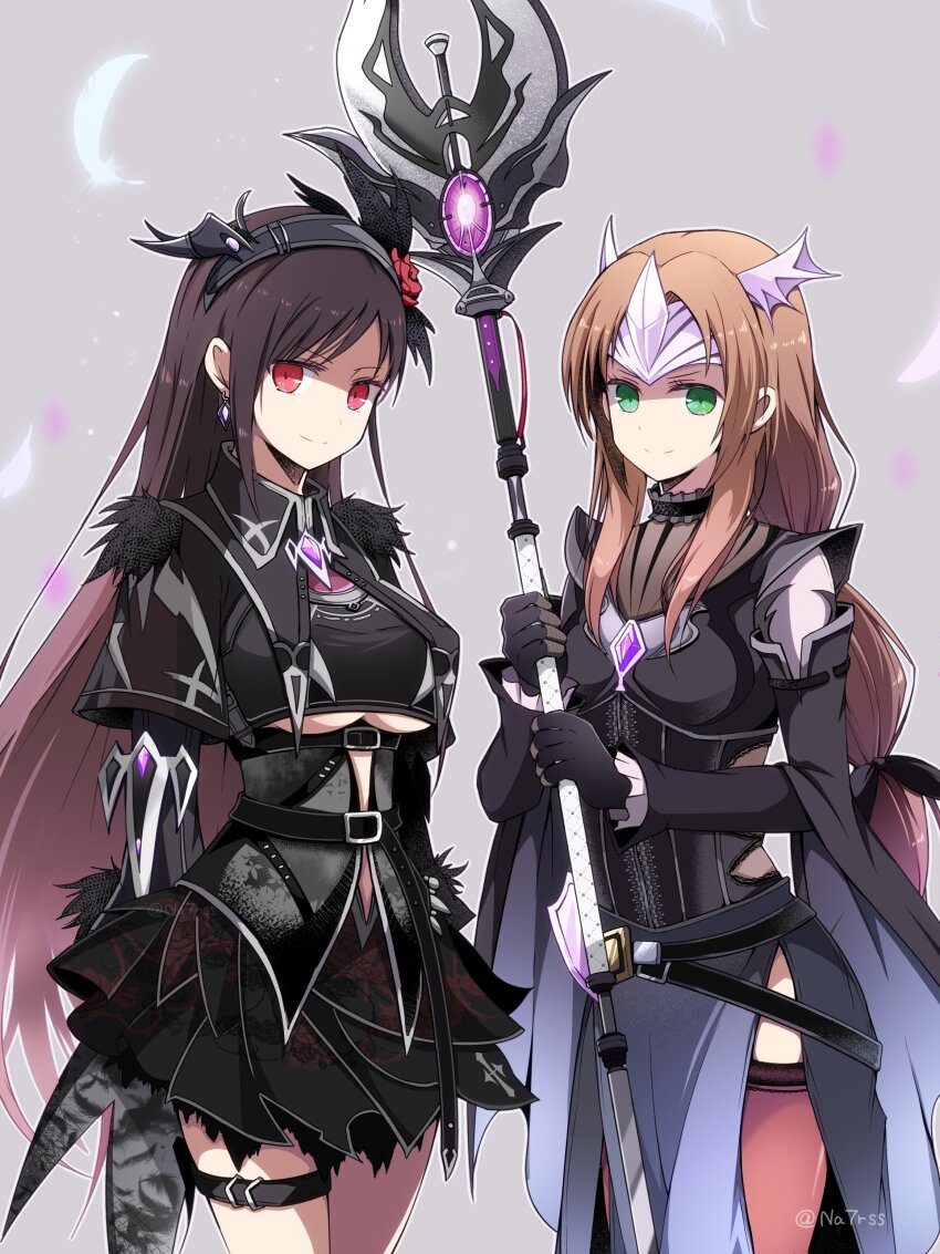 2girls, absurdres, aerith_gainsborough, aerith_gainsborough_(bahamut_robe), black_hair, breasts, brown_hair, dress