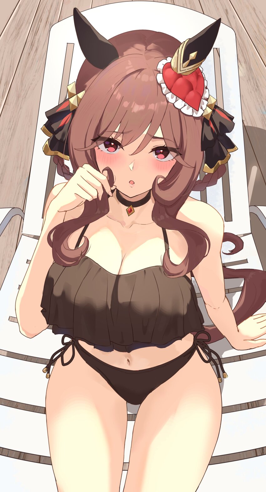 1girl, absurdres, animal_ears, beach_chair, black_panties, blush, breasts, brown_hair, cleavage, den_(den1115_), gentildonna_(racehorse), gentildonna_(umamusume), hair_ribbon, highres, horse_ears, horse_girl, large_breasts, long_hair, looking_at_viewer, midriff, panties, red_eyes, ribbon, swimsuit, thighs, umamusume, underwear