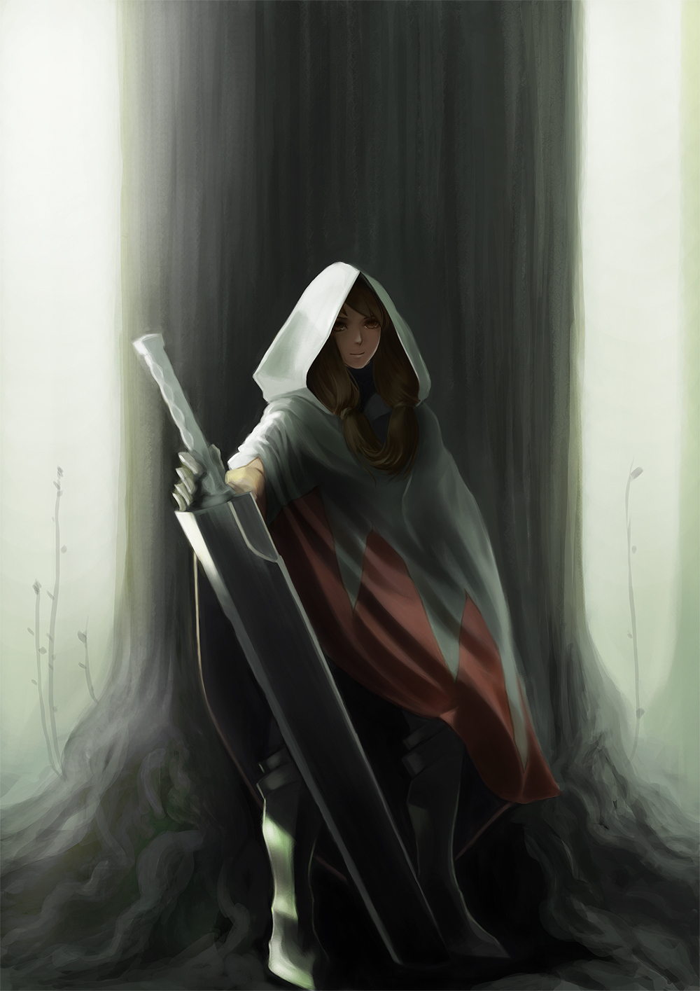 1girl, blonde_hair, boots, brown_eyes, female_focus, final_fantasy, final_fantasy_tactics, gloves, highres, hood, long_hair, nature, outdoors, plant, robe, solo, sparrowswallow, sword, tree, weapon, white_mage, white_mage_(fft), white_mage_(final_fantasy)