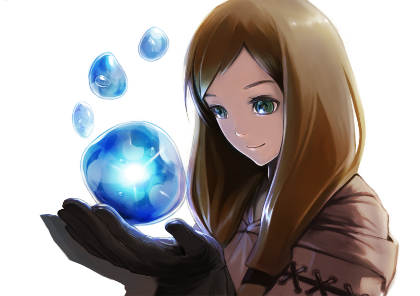 1girl, bad_id, bad_pixiv_id, blonde_hair, brown_hair, female_focus, final_fantasy, final_fantasy_tactics, geomancer, geomancer_(fft), gloves, green_eyes, long_hair, magic, smile, solo, sparrowswallow, suzume_yuu, twintails, water