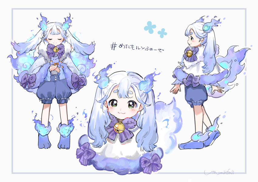 1other, :3, absurdres, amane_uta, animal_feet, artist_name, bell, blue_fire