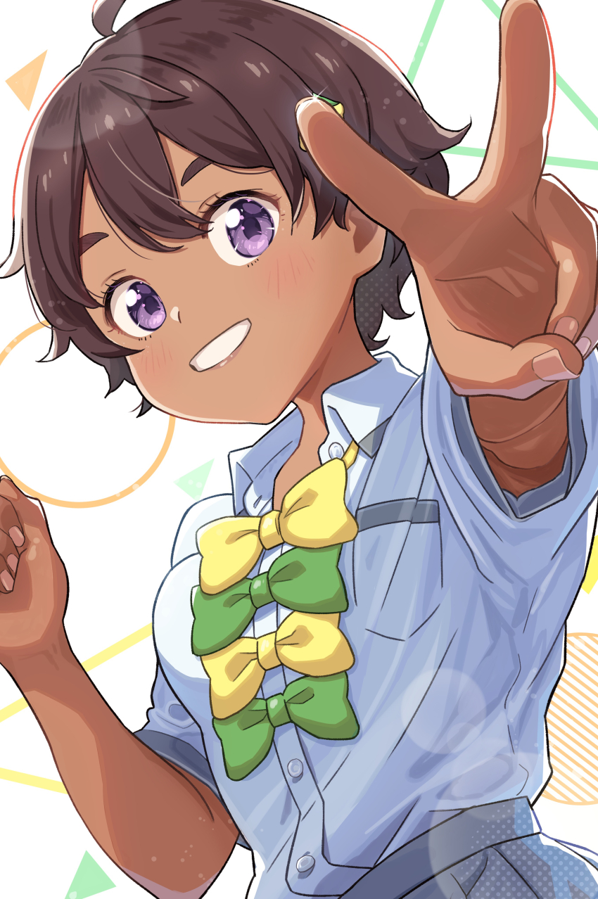 1girl, absurdres, armpit_peek, black_hair, collared_shirt, dark-skinned_female, dark_skin, dress_shirt