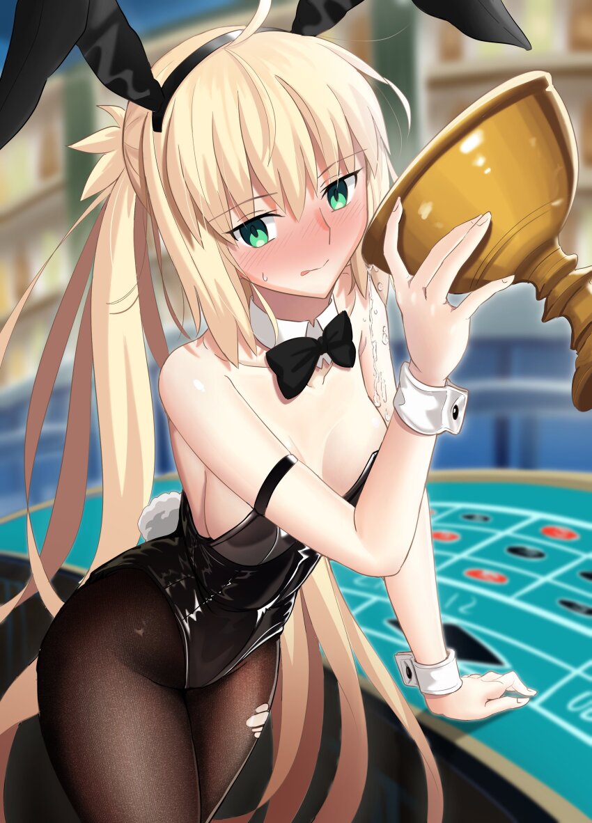 1girl, :p, absurdres, alcohol, alternate_costume, animal_ears, artoria_caster_(fate), artoria_caster_(swimsuit)_(fate), artoria_caster_(swimsuit_berserker)_(fate), artoria_pendragon_(fate), bare_shoulders, black_leotard, black_pantyhose, blonde_hair, blurry, blurry_background, blush, bow, bowtie, breasts, cleavage, commentary, depth_of_field, detached_collar, drunk, english_commentary, fake_animal_ears, fake_tail, fate/grand_order, fate_(series), green_eyes, highres, holy_grail_(fate), leotard, long_hair, longdq3008, looking_at_viewer, pantyhose, playboy_bunny, rabbit_ears, roulette_table, small_breasts, solo, spilling, strapless, strapless_leotard, table, tail, tongue, tongue_out, torn_clothes, torn_pantyhose, twintails