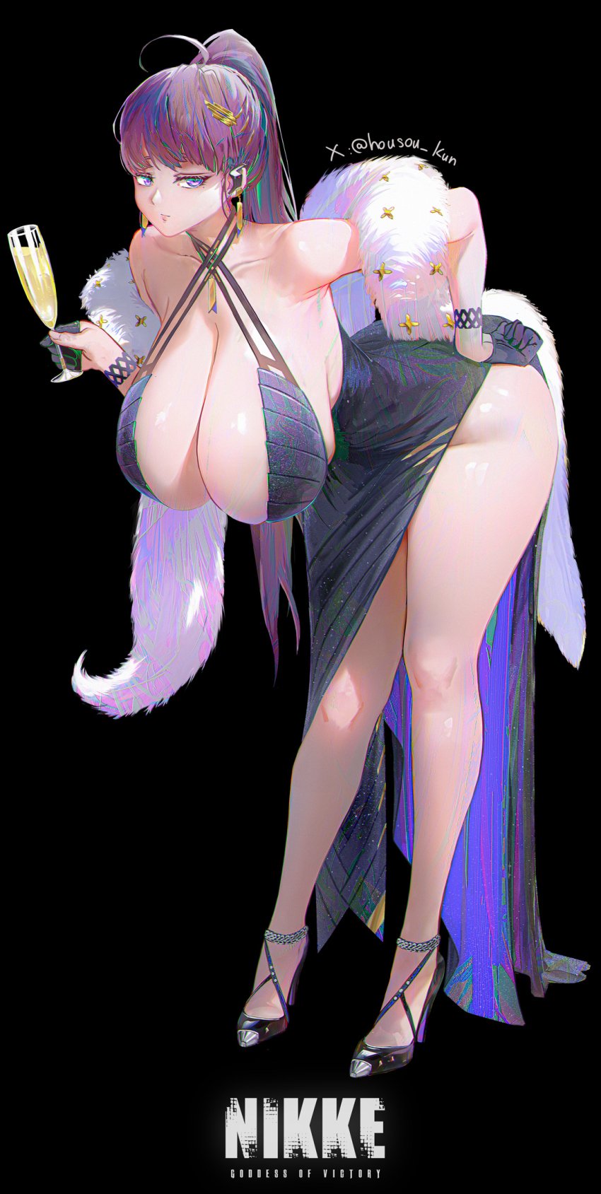 1girl, armpit_crease, armpits, artist_name, bent_over, black_background, black_dress, black_gloves, breasts, cup, dolla_(dark_rose)_(nikke), dolla_(nikke), dress, drinking_glass, earrings, fur_(clothing), gloves, goddess_of_victory:_nikke, hanging_breasts, high_heels, highres, holding_wine_glass, housou-kun, huge_breasts, jewelry, kun, large_breasts, leaning_forward, no_panties, patent_heels, ponytail, pumps, shoes, simple_background, sleeveless, sleeveless_dress, squinting, stiletto_heels, thick_thighs, thighs, watermark, wine_glass